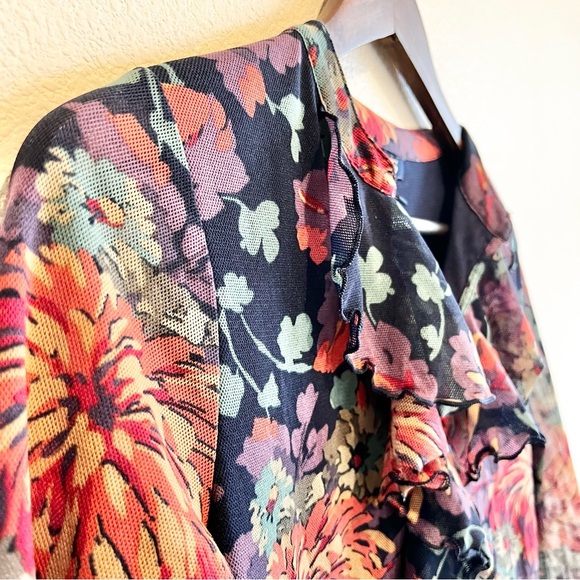 Chaps Blouse Blue Purple Red Floral Print V Neck Ruffle 3/4 Sleeve Mesh Top M - Picture 2 of 9